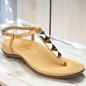 Vionic Nala Gold Cork Genuine Leather Backstrap Sandal Gold Geometric Accent S/6